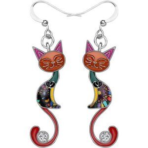 Red Enamel Cat Dangle Earring Hypoallergenic Aesthetic Kitty Jewelry Gift